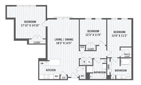 Floor plan for 3 beds, 2 baths, 1336 sqft